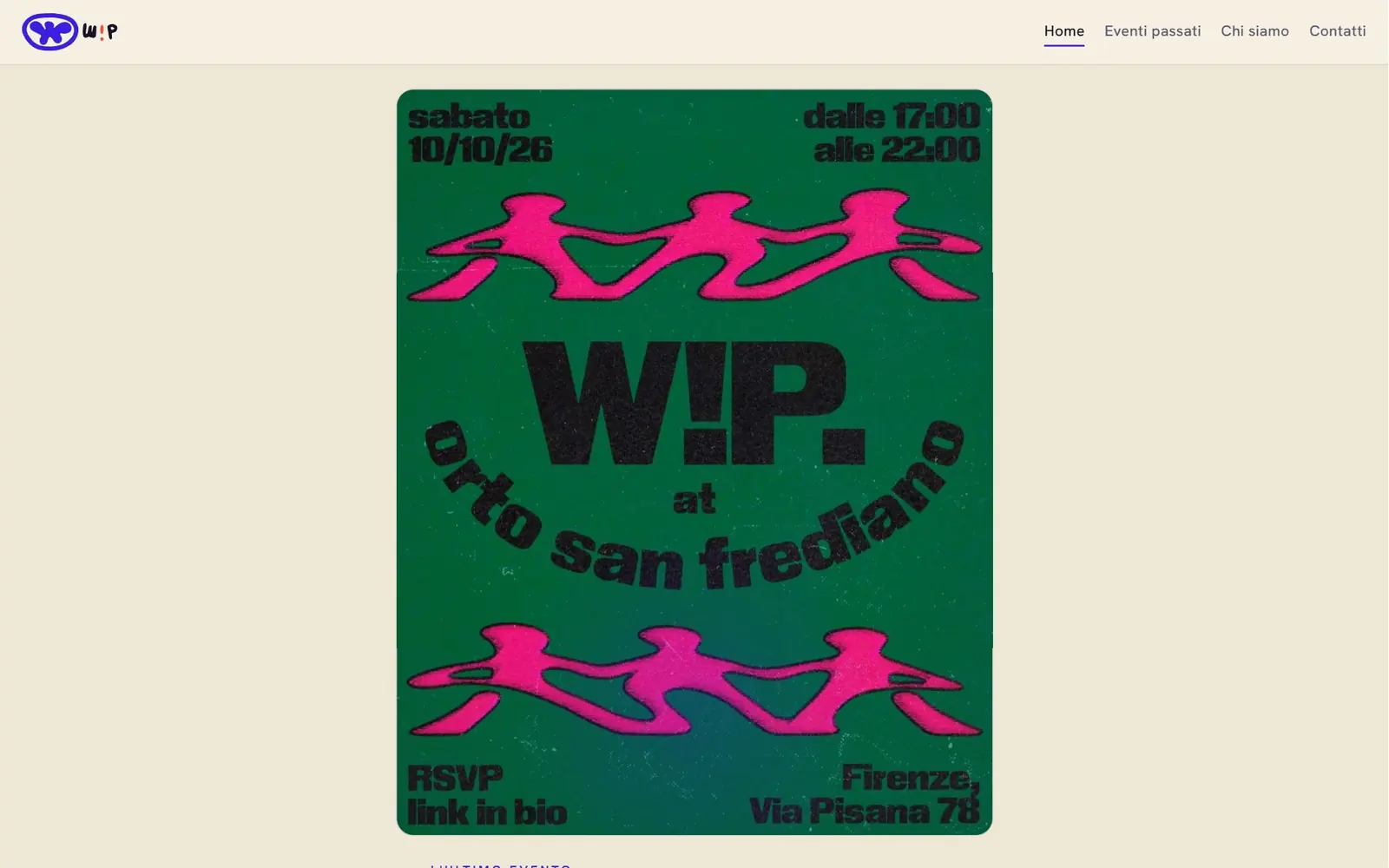 W!P website with the next event poster